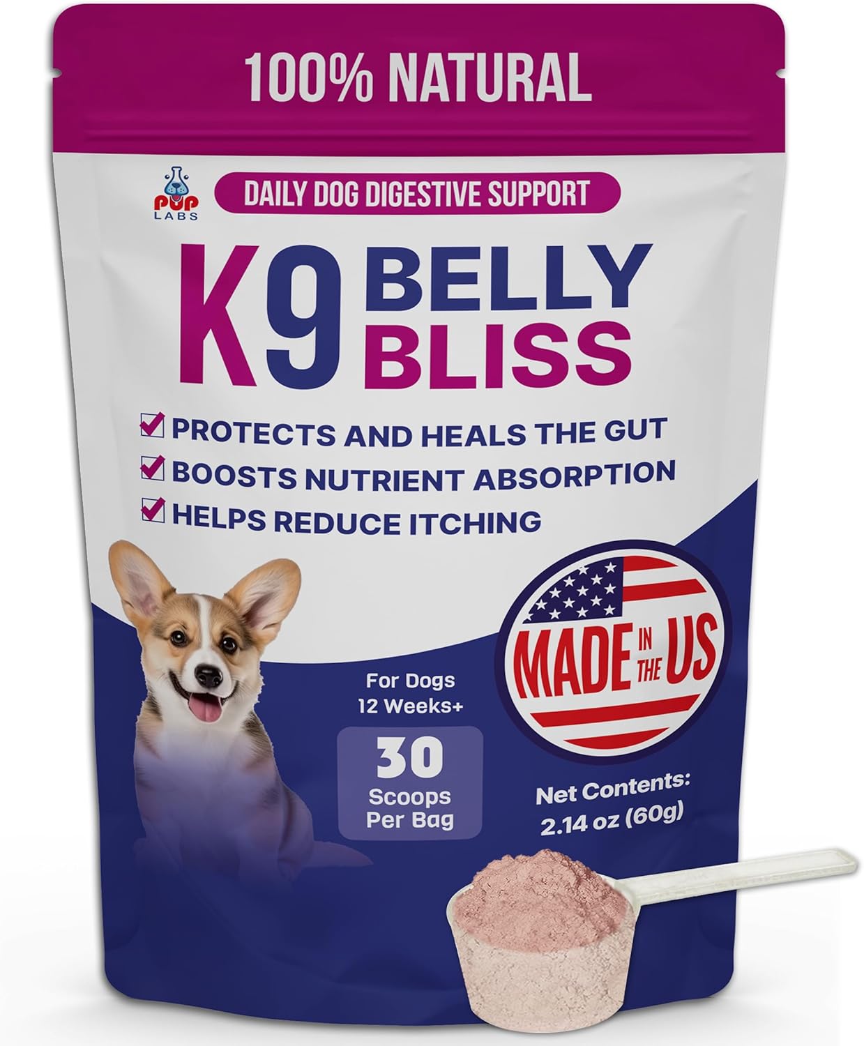 Pup Labs K9 Belly Bliss, All-Natural Gut Health for Dogs, Vet Approved Prebiotic for Dogs for Daily Digestive Support and Dog Constipation Relief, Easy to Use Topper for Dry and Wet Food, 30 Scoops.