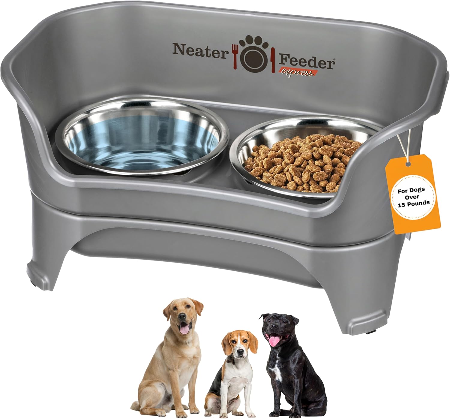 Grey elevated dog feeding station with stainless steel bowls for medium and large dogs, mess-proof raised feeder โ view 1