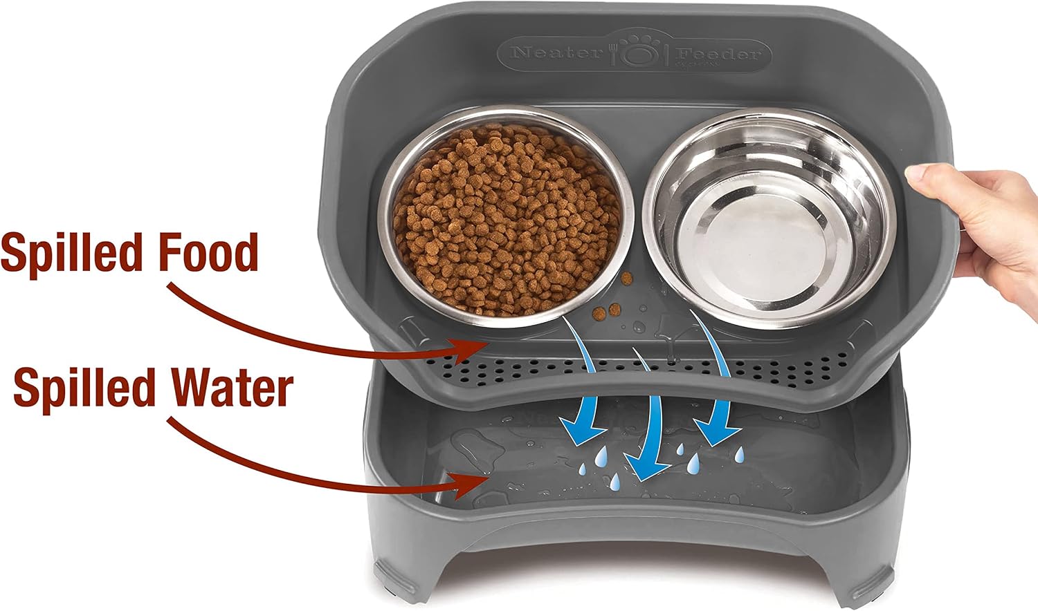 Grey elevated dog feeding station with stainless steel bowls for medium and large dogs, mess-proof raised feeder โ view 3