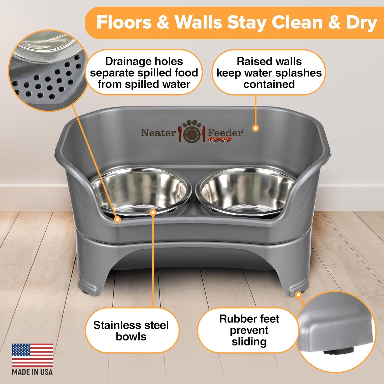Grey elevated dog feeding station with stainless steel bowls for medium and large dogs, mess-proof raised feeder โ view 4