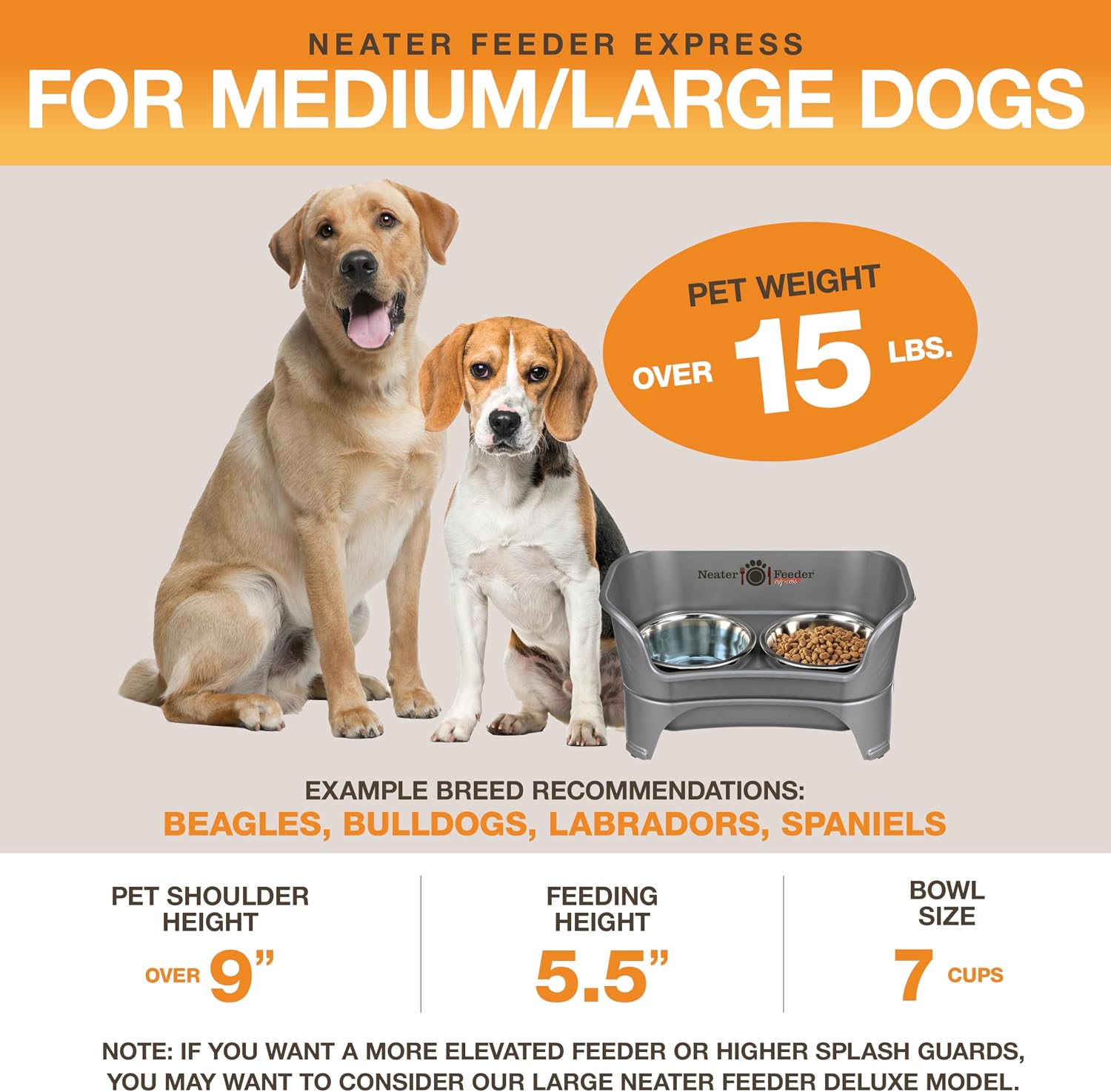 Grey elevated dog feeding station with stainless steel bowls for medium and large dogs, mess-proof raised feeder โ view 2
