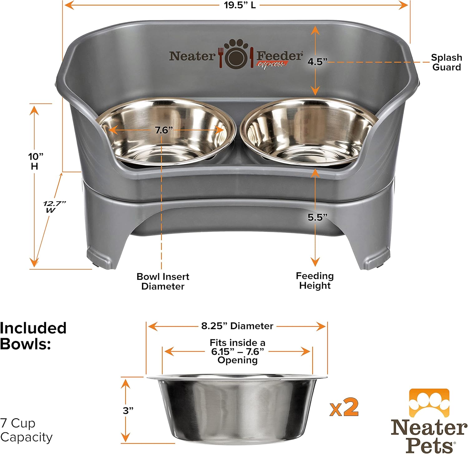 Grey elevated dog feeding station with stainless steel bowls for medium and large dogs, mess-proof raised feeder โ view 4