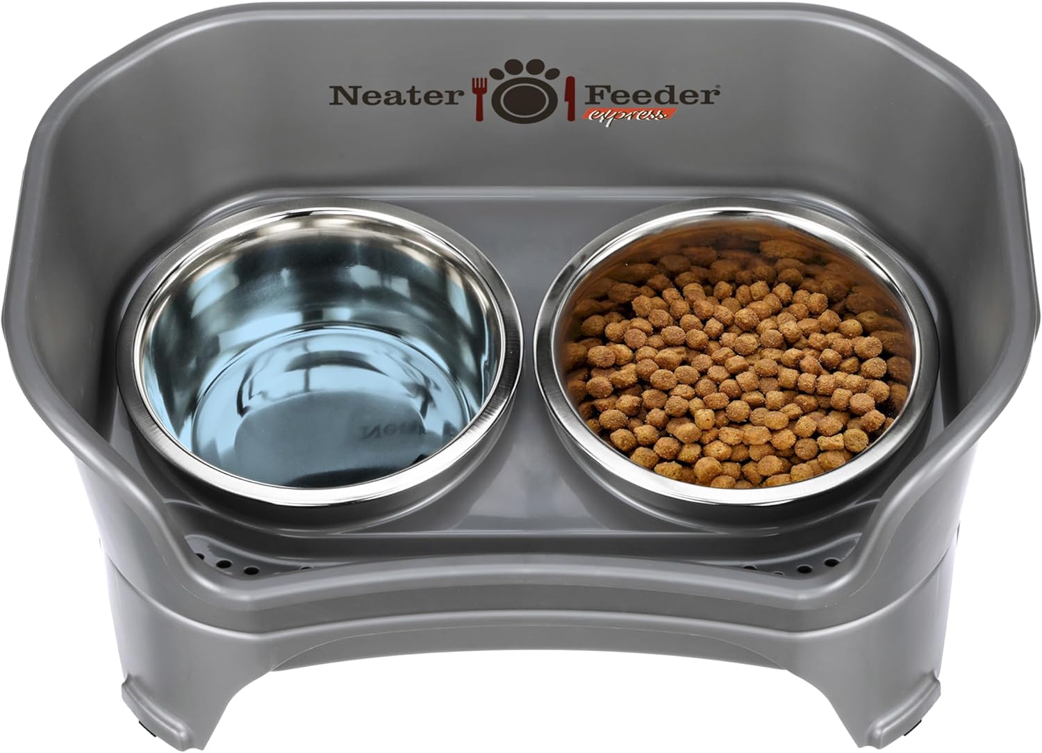 Grey elevated dog feeding station with stainless steel bowls for medium and large dogs, mess-proof raised feeder โ view 5