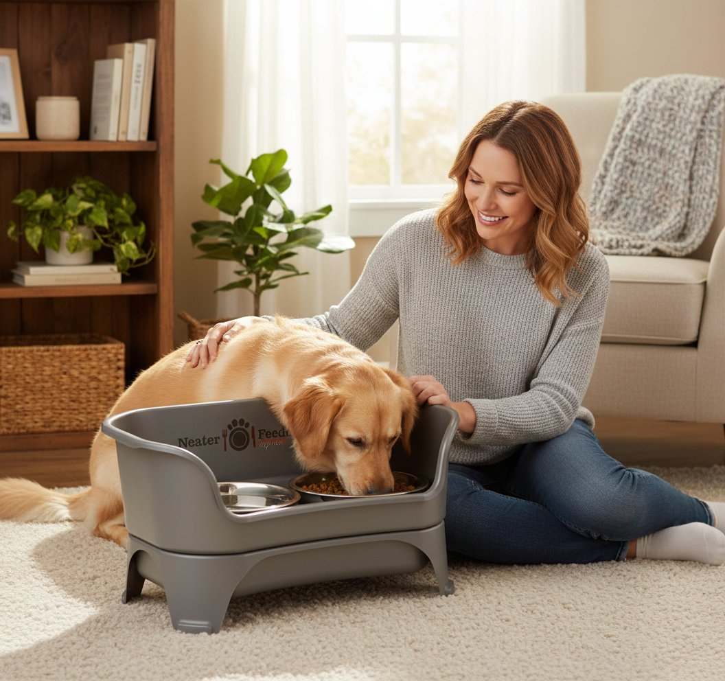 Grey elevated dog feeding station with stainless steel bowls for medium and large dogs, mess-proof raised feeder — view 1