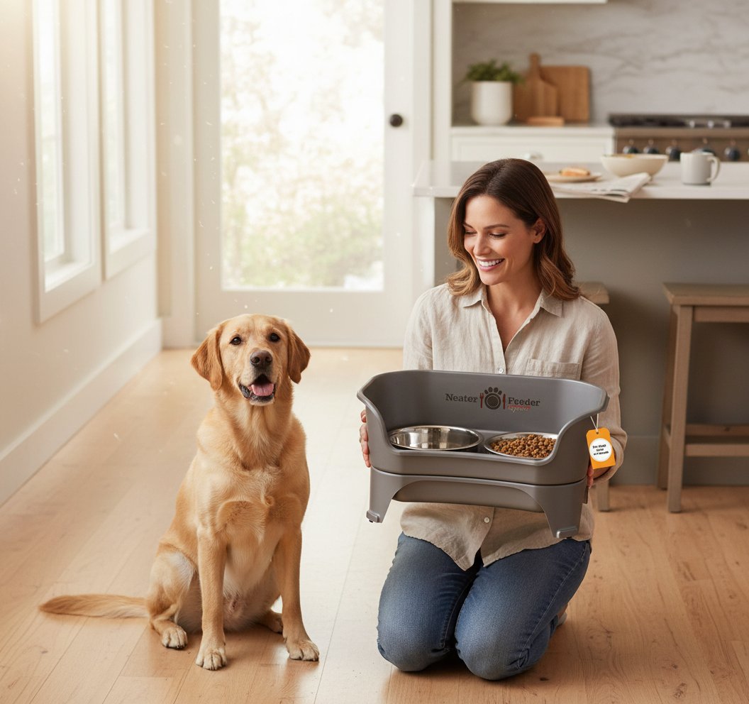 Grey elevated dog feeding station with stainless steel bowls for medium and large dogs, mess-proof raised feeder — view 2