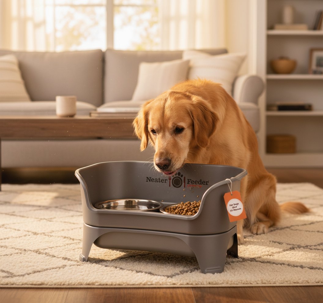 Grey elevated dog feeding station with stainless steel bowls for medium and large dogs, mess-proof raised feeder — view 3a