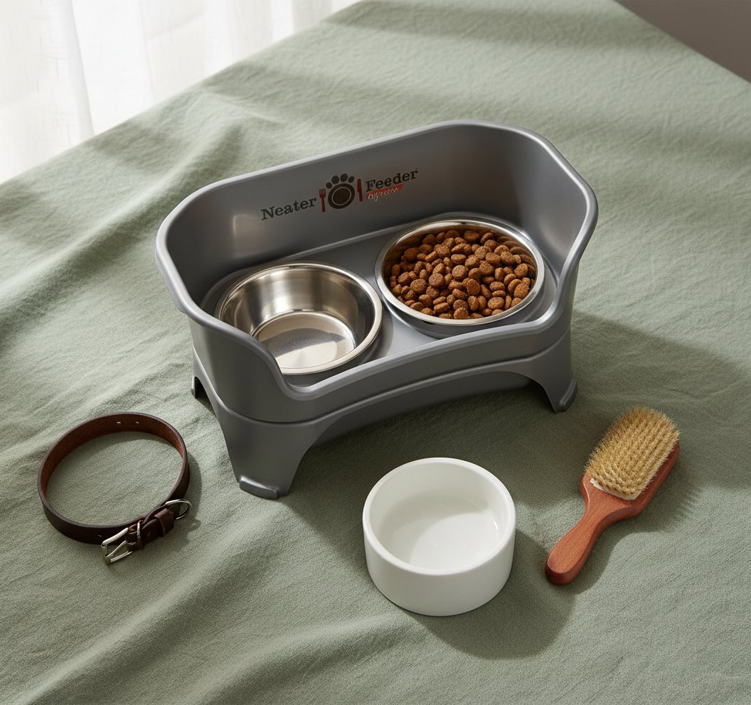 Grey elevated dog feeding station with stainless steel bowls for medium and large dogs, mess-proof raised feeder — view 4