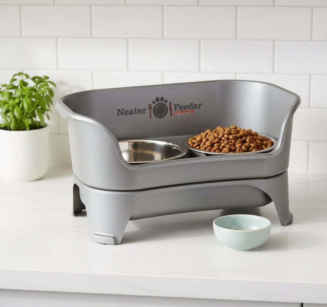 Grey elevated dog feeding station with stainless steel bowls for medium and large dogs, mess-proof raised feeder — view 5a
