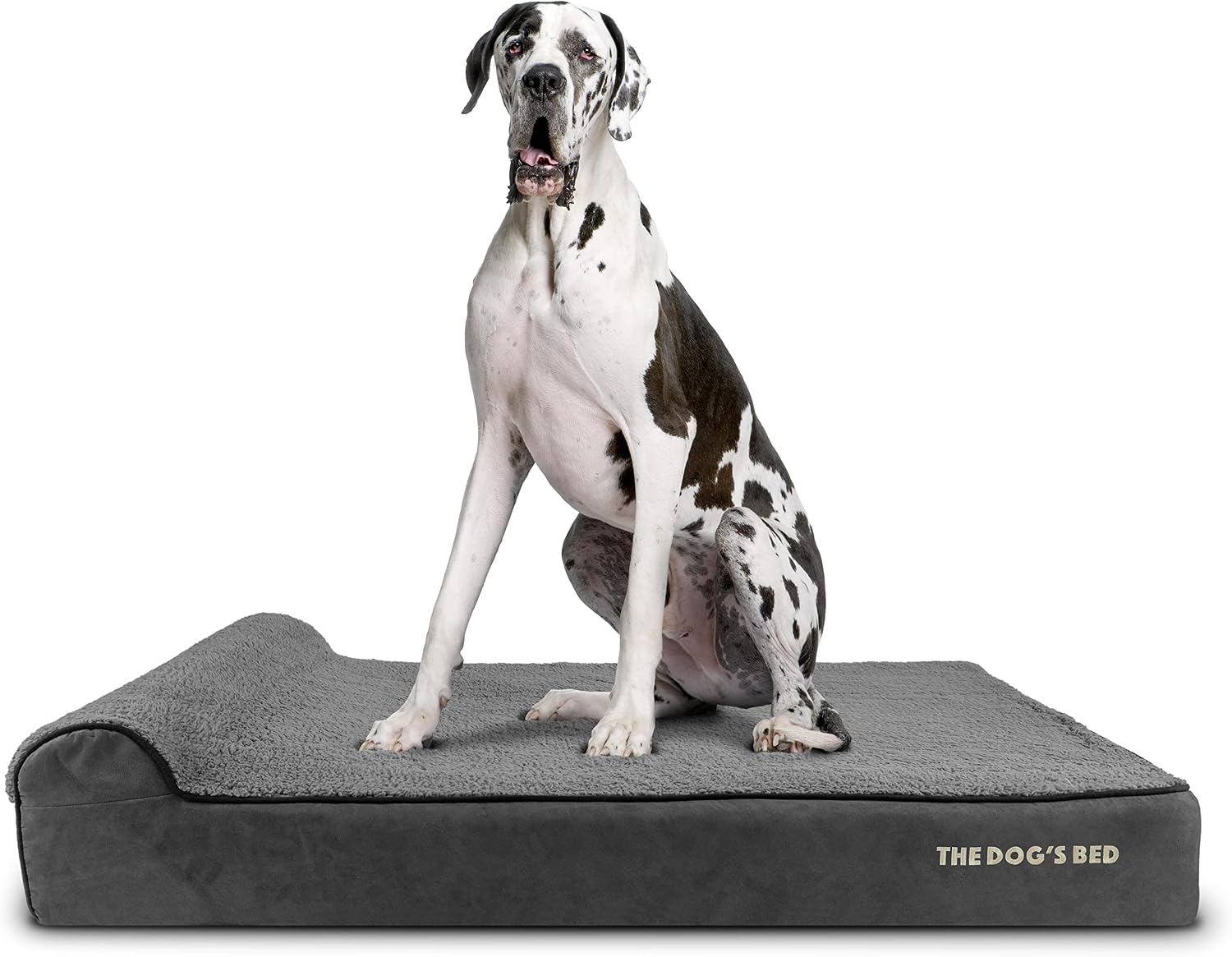 Grey plush orthopedic memory foam dog bed with headrest for senior dogs, XXL size with calming surface — front