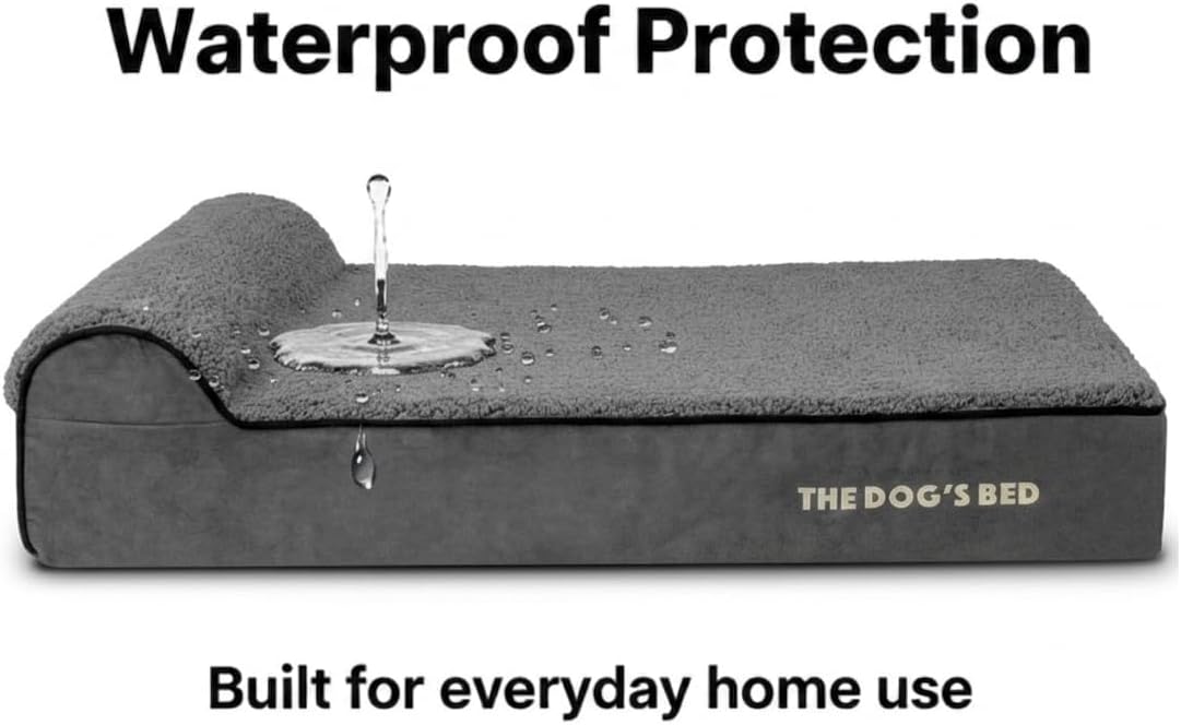 Grey plush orthopedic memory foam dog bed with headrest for senior dogs, XXL size with calming surface — view 3a