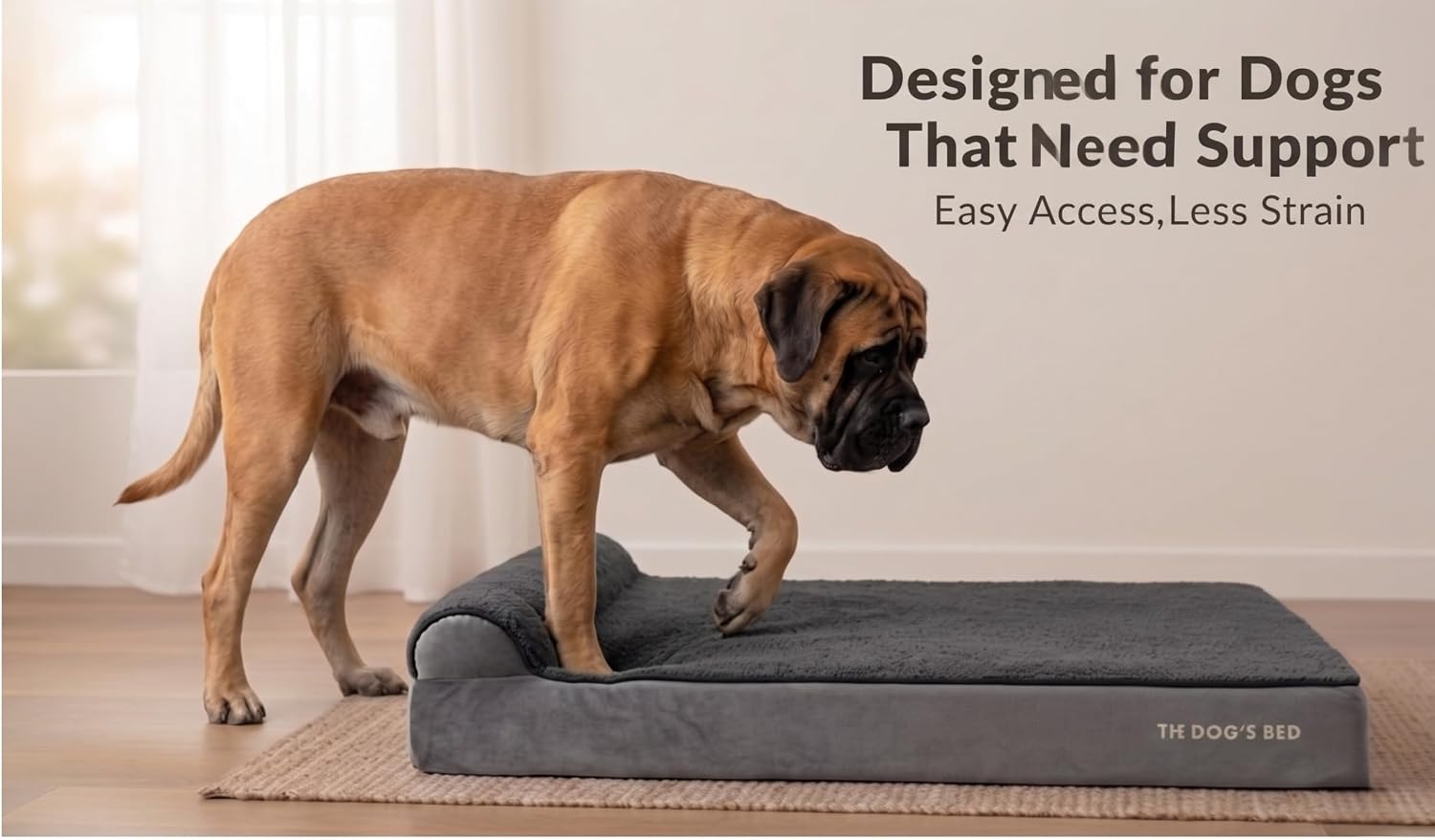 Grey plush orthopedic memory foam dog bed with headrest for senior dogs, XXL size with calming surface — view 3b