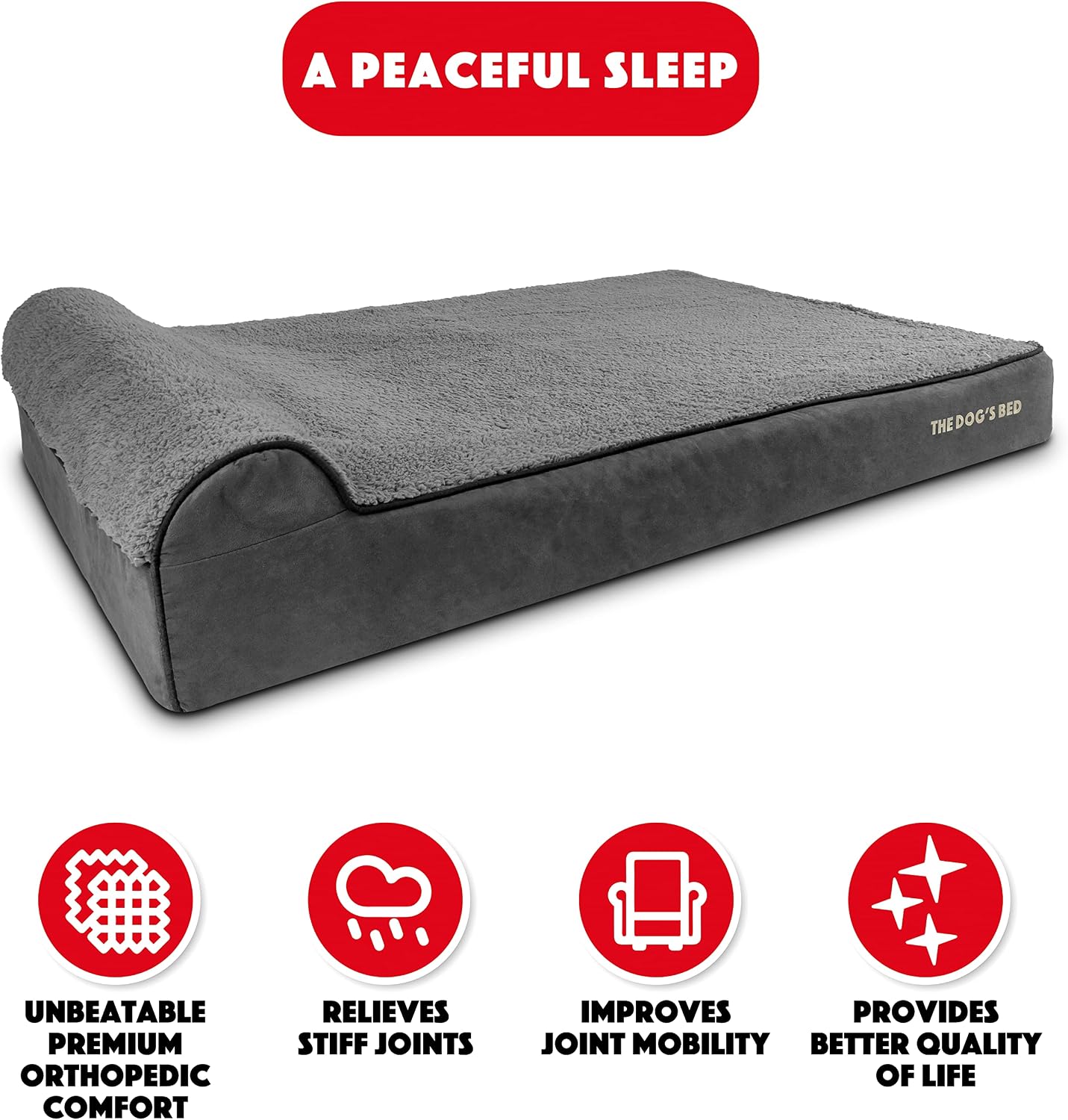 Grey plush orthopedic memory foam dog bed with headrest for senior dogs, XXL size with calming surface — view 5a