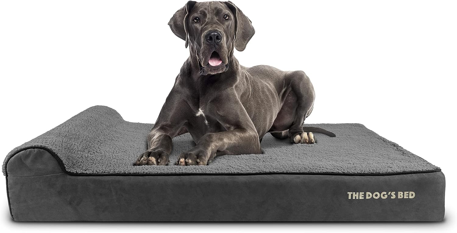 Grey plush orthopedic memory foam dog bed with headrest for senior dogs, XXL size with calming surface — view 5b