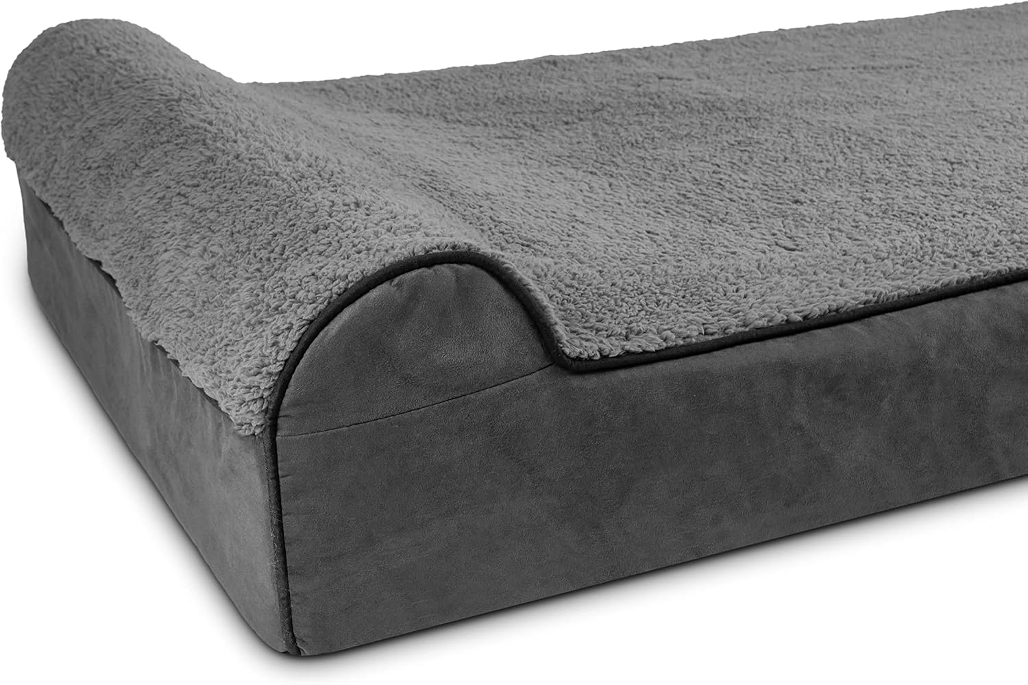 Grey plush orthopedic memory foam dog bed with headrest for senior dogs, XXL size with calming surface — side