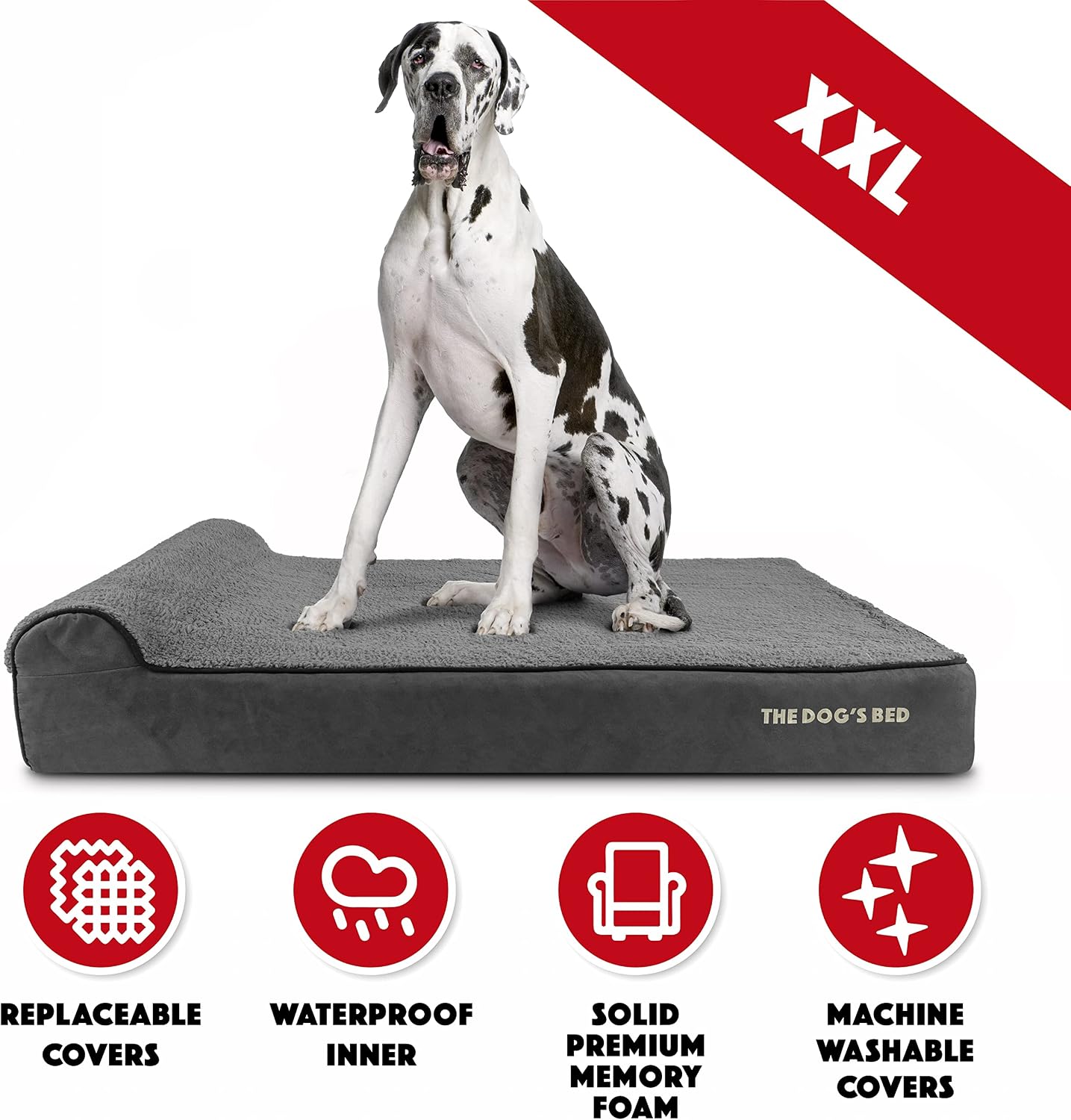 Grey plush orthopedic memory foam dog bed with headrest for senior dogs, XXL size with calming surface — back