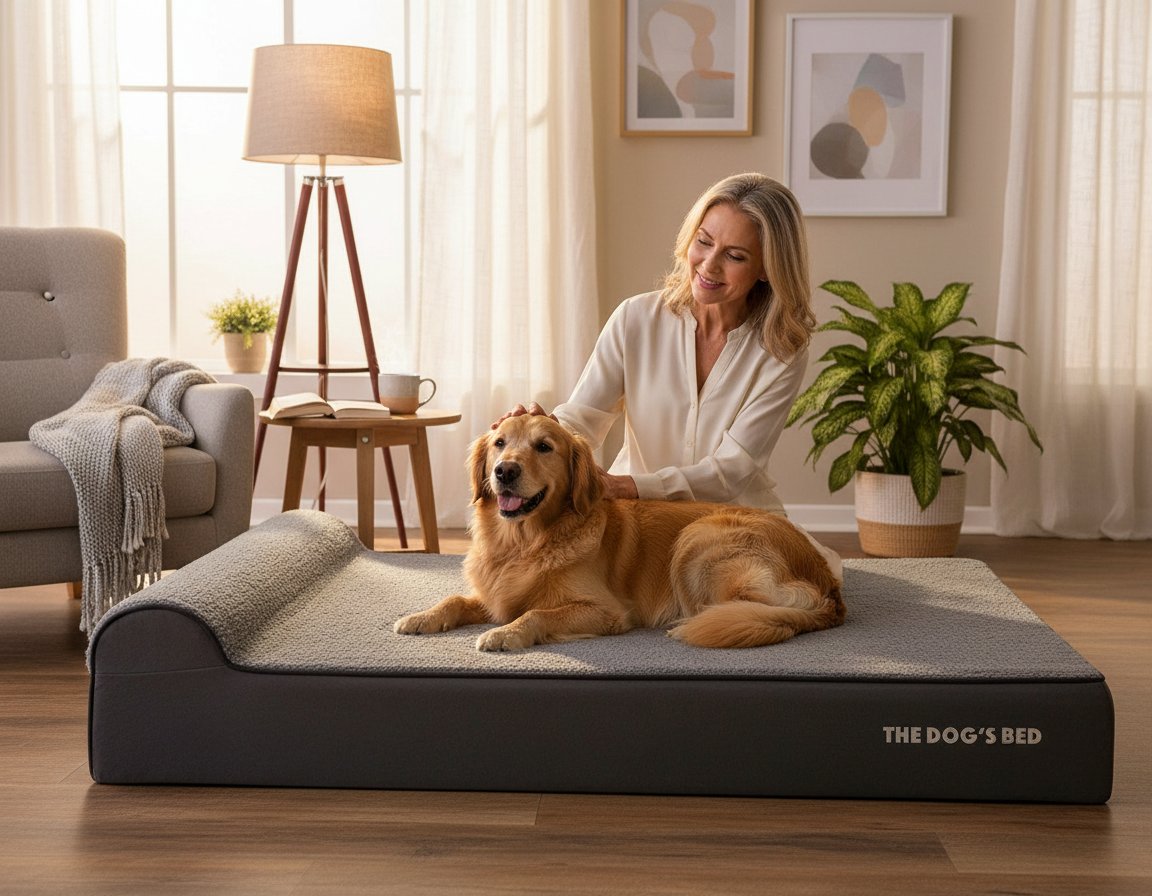 Grey plush orthopedic memory foam dog bed with headrest for senior dogs, XXL size with calming surface — view 1