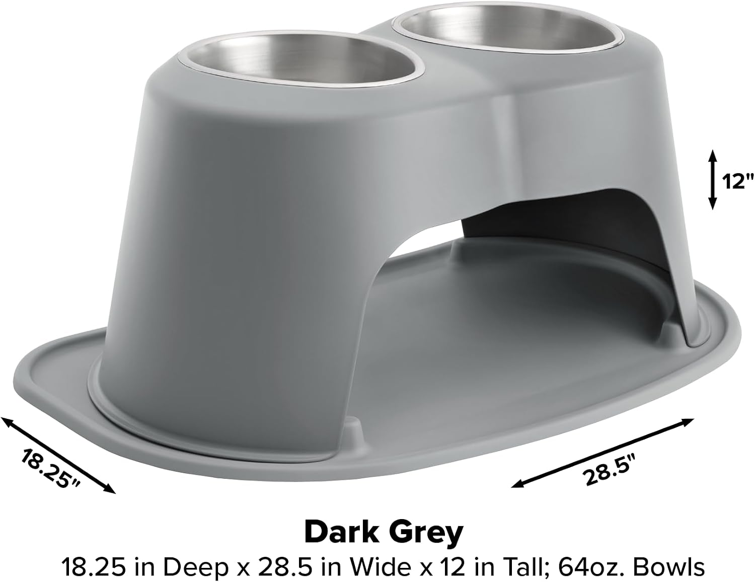 Dark grey elevated dog and cat feeding system with stainless steel bowls, 12 inch high ergonomic design — view 2