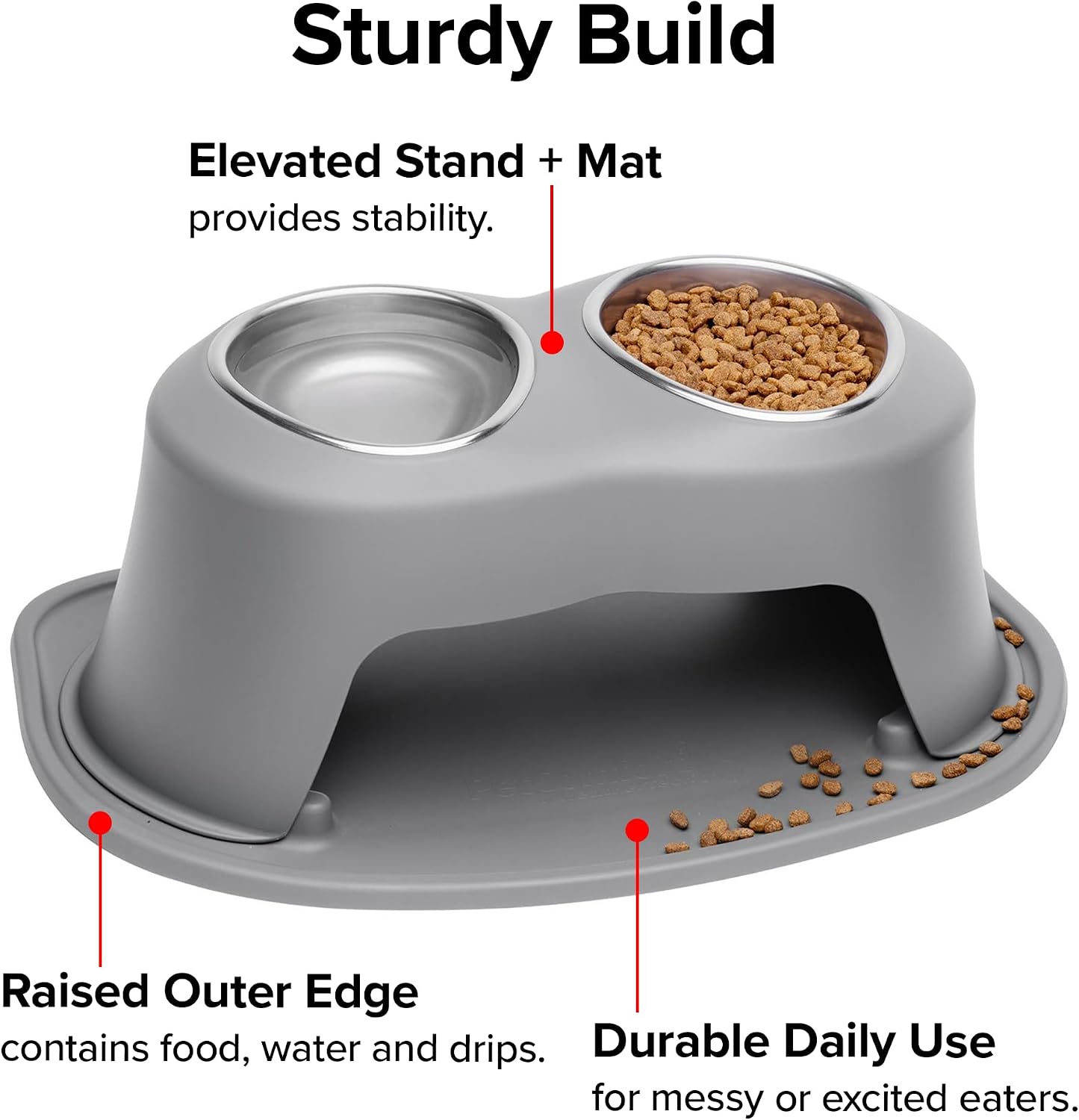 Dark grey elevated dog and cat feeding system with stainless steel bowls, 12 inch high ergonomic design — view 7a