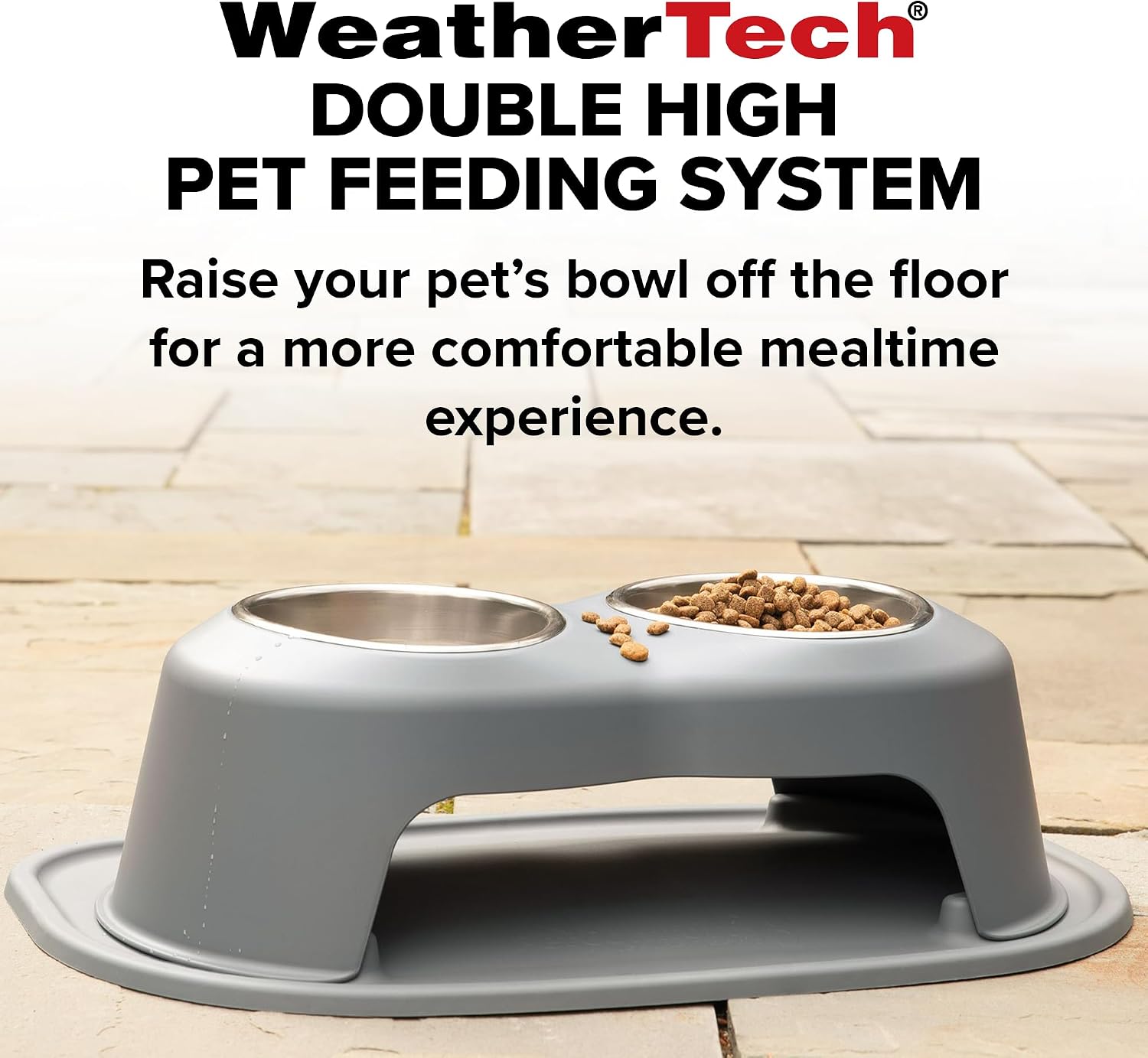 Dark grey elevated dog and cat feeding system with stainless steel bowls, 12 inch high ergonomic design — detail