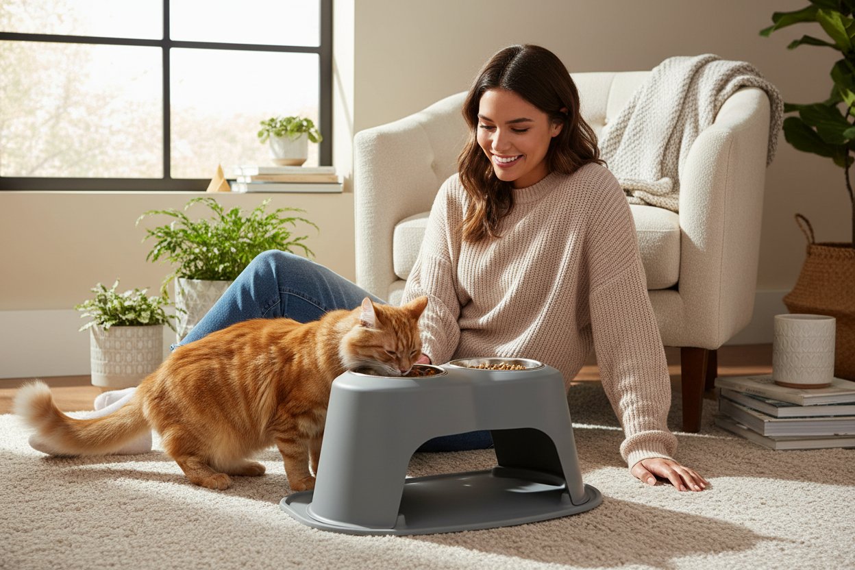 Dark grey elevated dog and cat feeding system with stainless steel bowls, 12 inch high ergonomic design — view 1