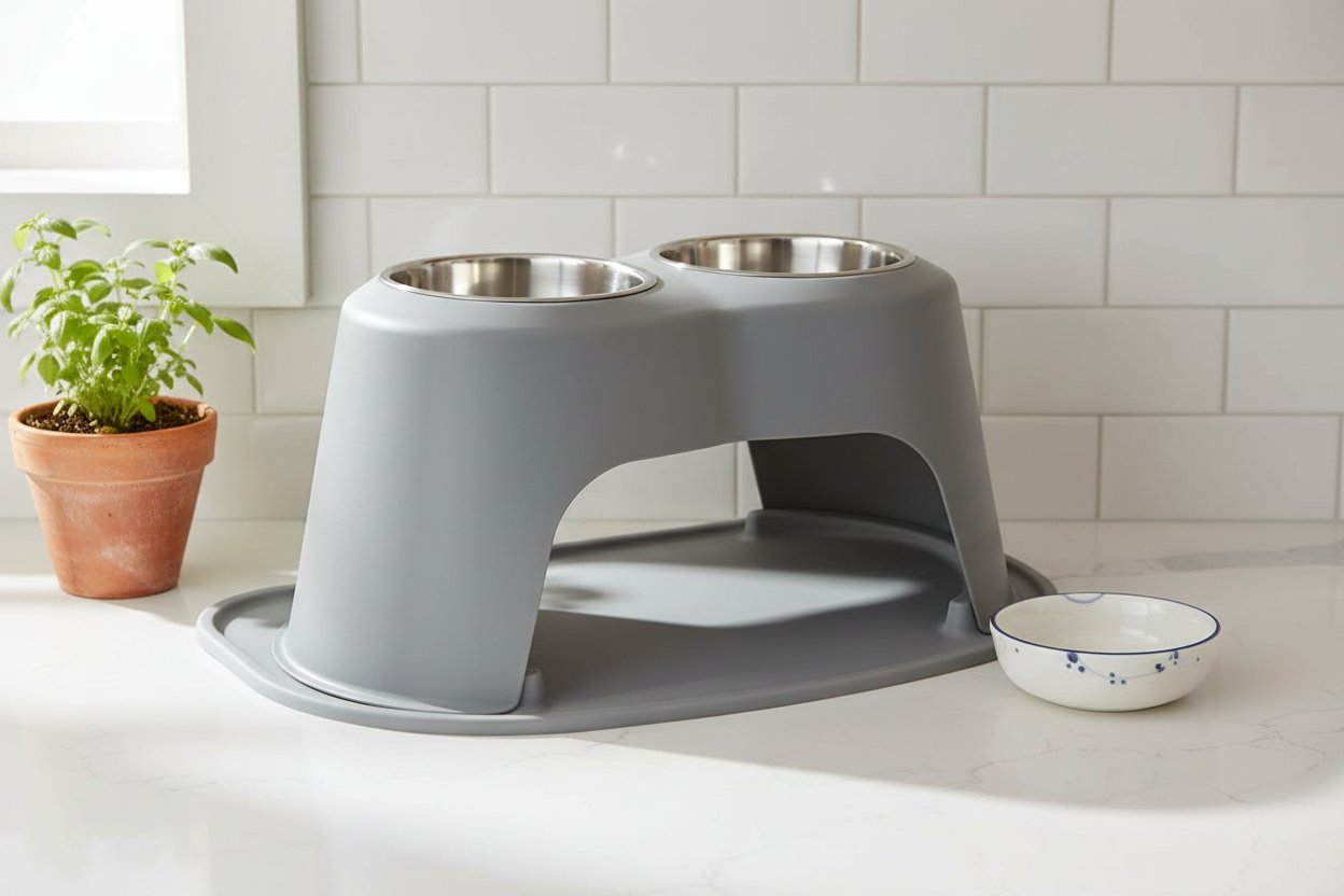 Dark grey elevated dog and cat feeding system with stainless steel bowls, 12 inch high ergonomic design — view 5a