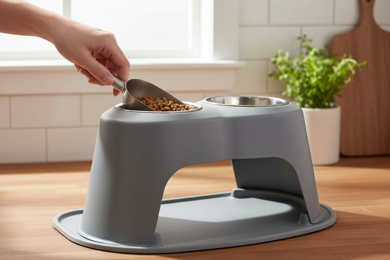 Dark grey elevated dog and cat feeding system with stainless steel bowls, 12 inch high ergonomic design — view 6