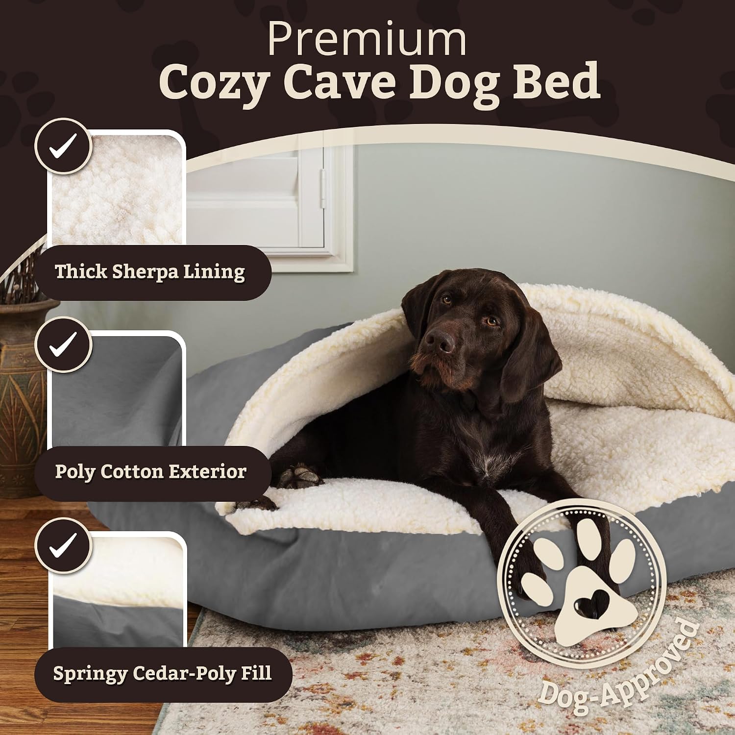 Heather gray orthopedic cave dog bed with attached blanket and washable polyester cover for senior dogs — view 3b