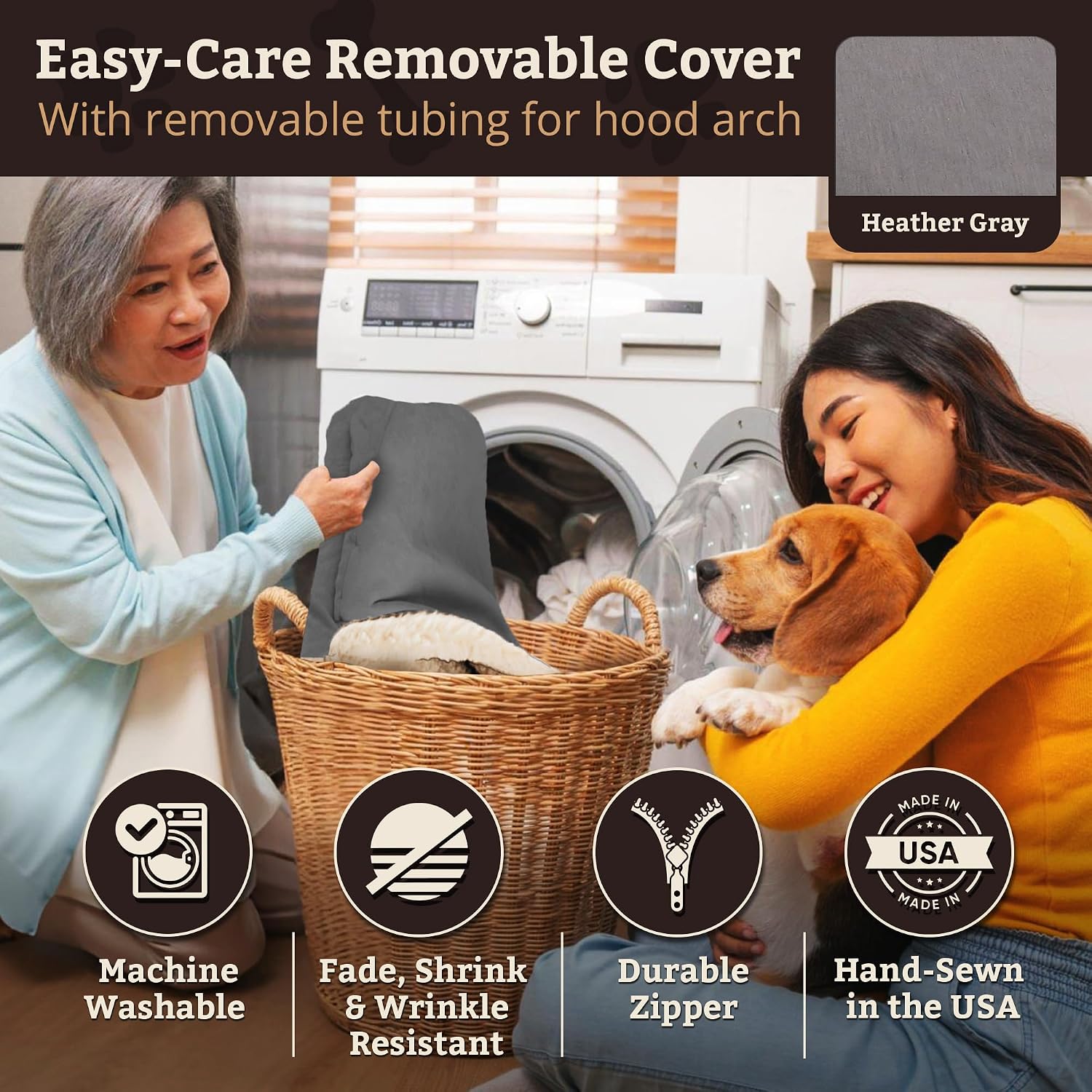 Heather gray orthopedic cave dog bed with attached blanket and washable polyester cover for senior dogs — view 7a