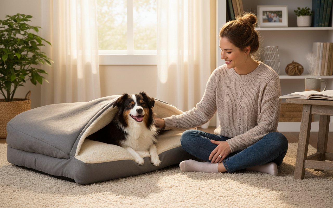 Heather gray orthopedic cave dog bed with attached blanket and washable polyester cover for senior dogs — view 1