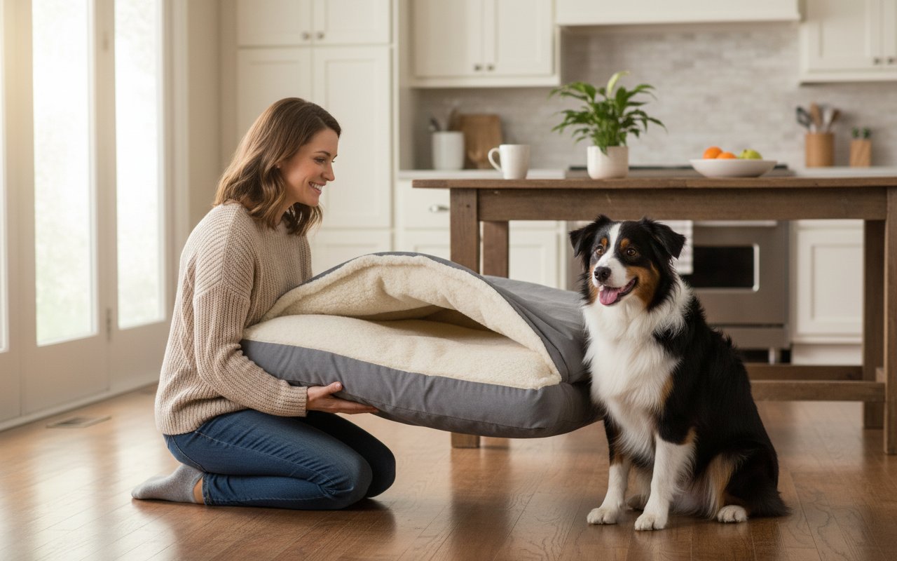Heather gray orthopedic cave dog bed with attached blanket and washable polyester cover for senior dogs — view 2