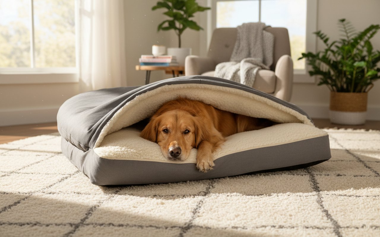 Heather gray orthopedic cave dog bed with attached blanket and washable polyester cover for senior dogs — view 3a