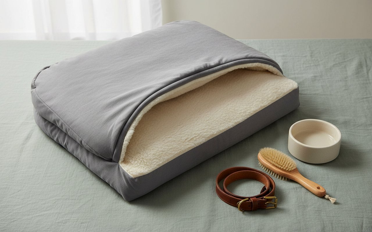 Heather gray orthopedic cave dog bed with attached blanket and washable polyester cover for senior dogs — view 4