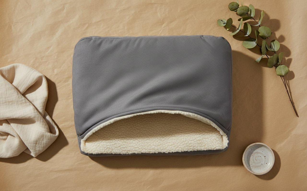 Heather gray orthopedic cave dog bed with attached blanket and washable polyester cover for senior dogs — view 7b