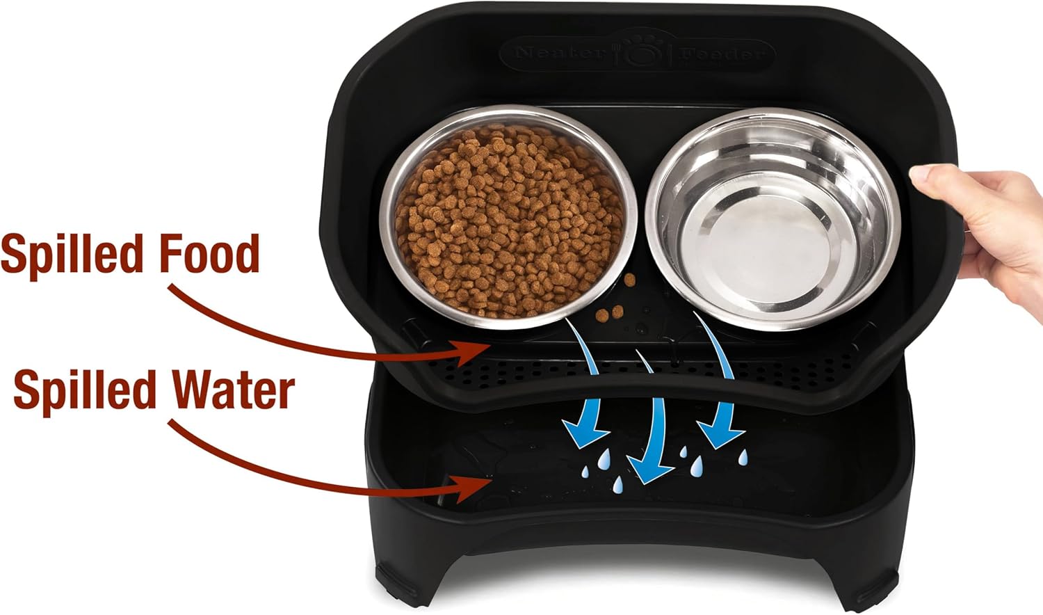 Black elevated dog feeder station with stainless steel bowls for medium to large breeds — back