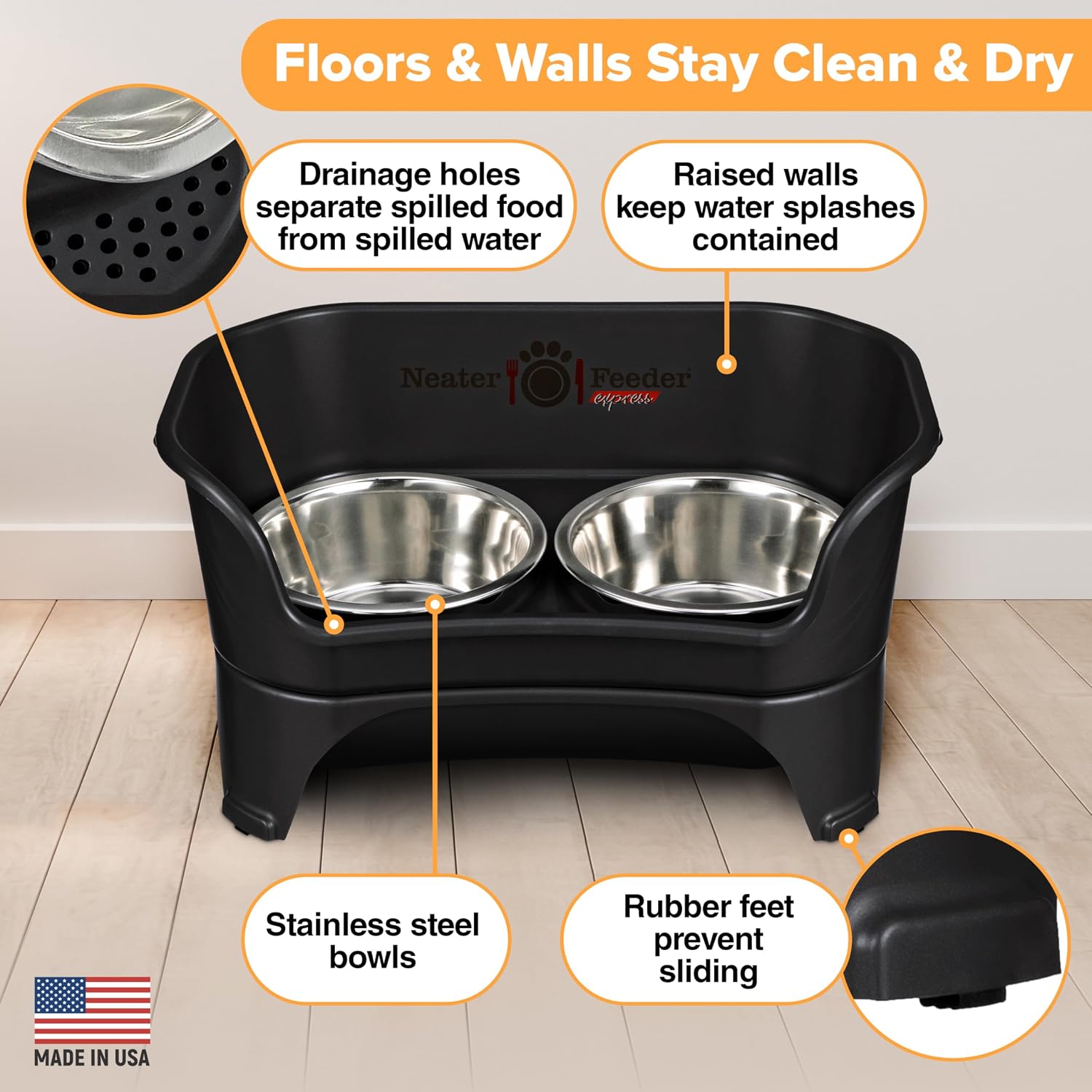 Black elevated dog feeder station with stainless steel bowls for medium to large breeds — detail