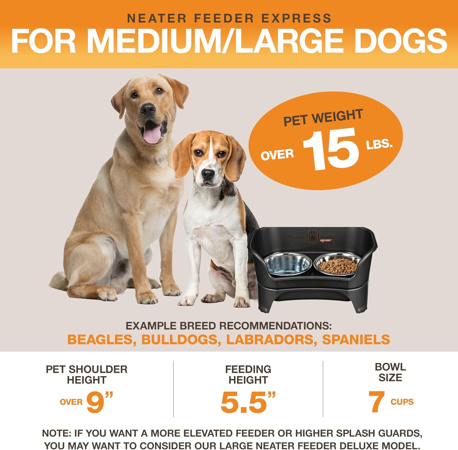 Black elevated dog feeder station with stainless steel bowls for medium to large breeds — view 3b