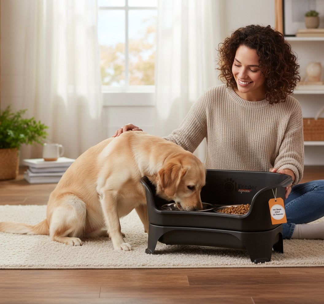 Black elevated dog feeder station with stainless steel bowls for medium to large breeds — view 1