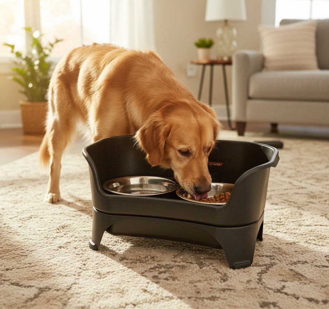 Black elevated dog feeder station with stainless steel bowls for medium to large breeds — view 3a