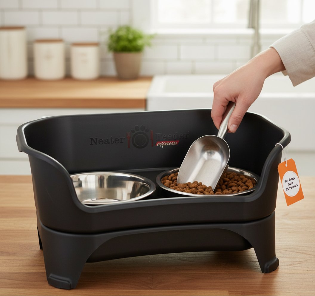 Black elevated dog feeder station with stainless steel bowls for medium to large breeds — view 6