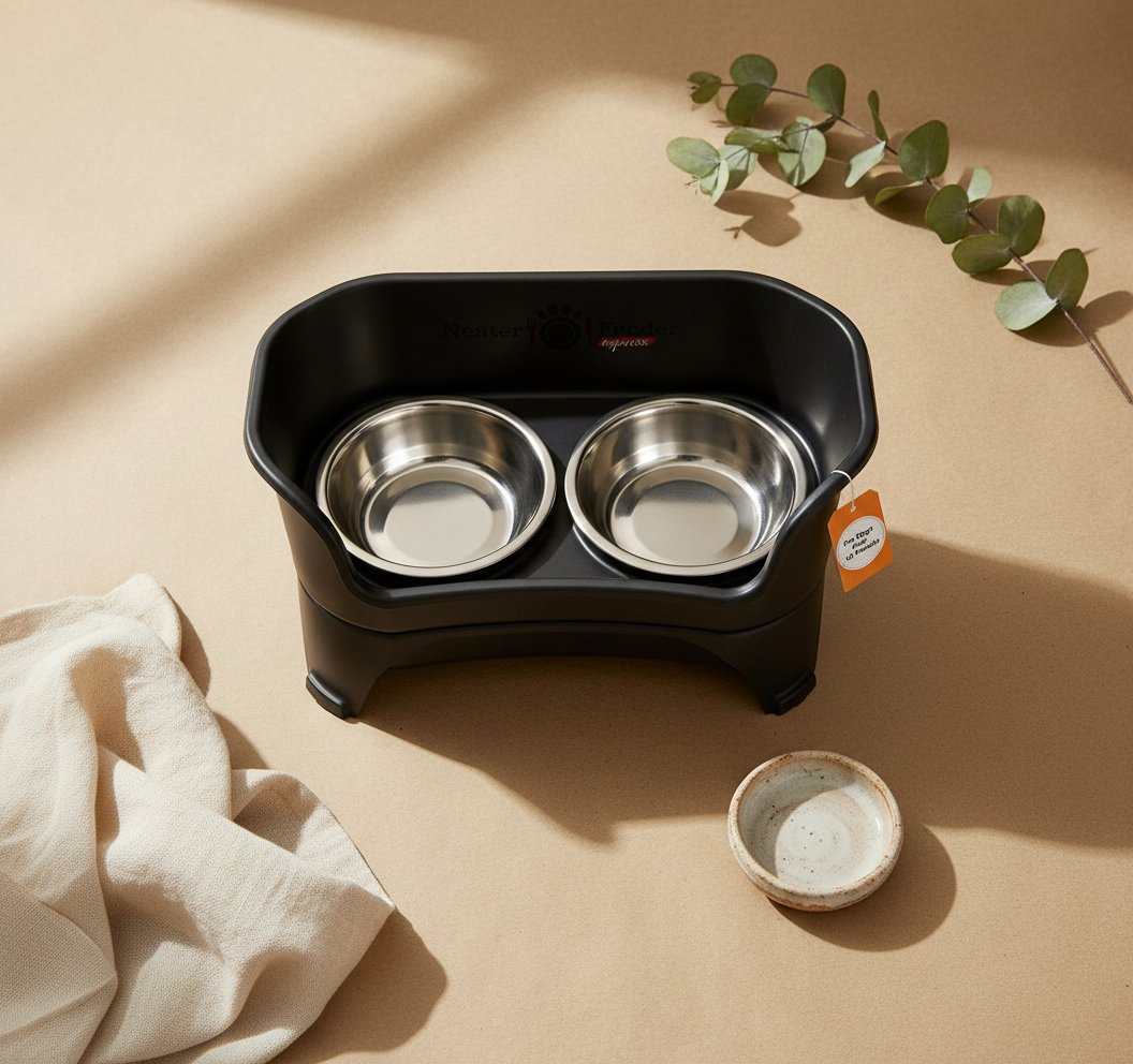 Black elevated dog feeder station with stainless steel bowls for medium to large breeds — view 7b