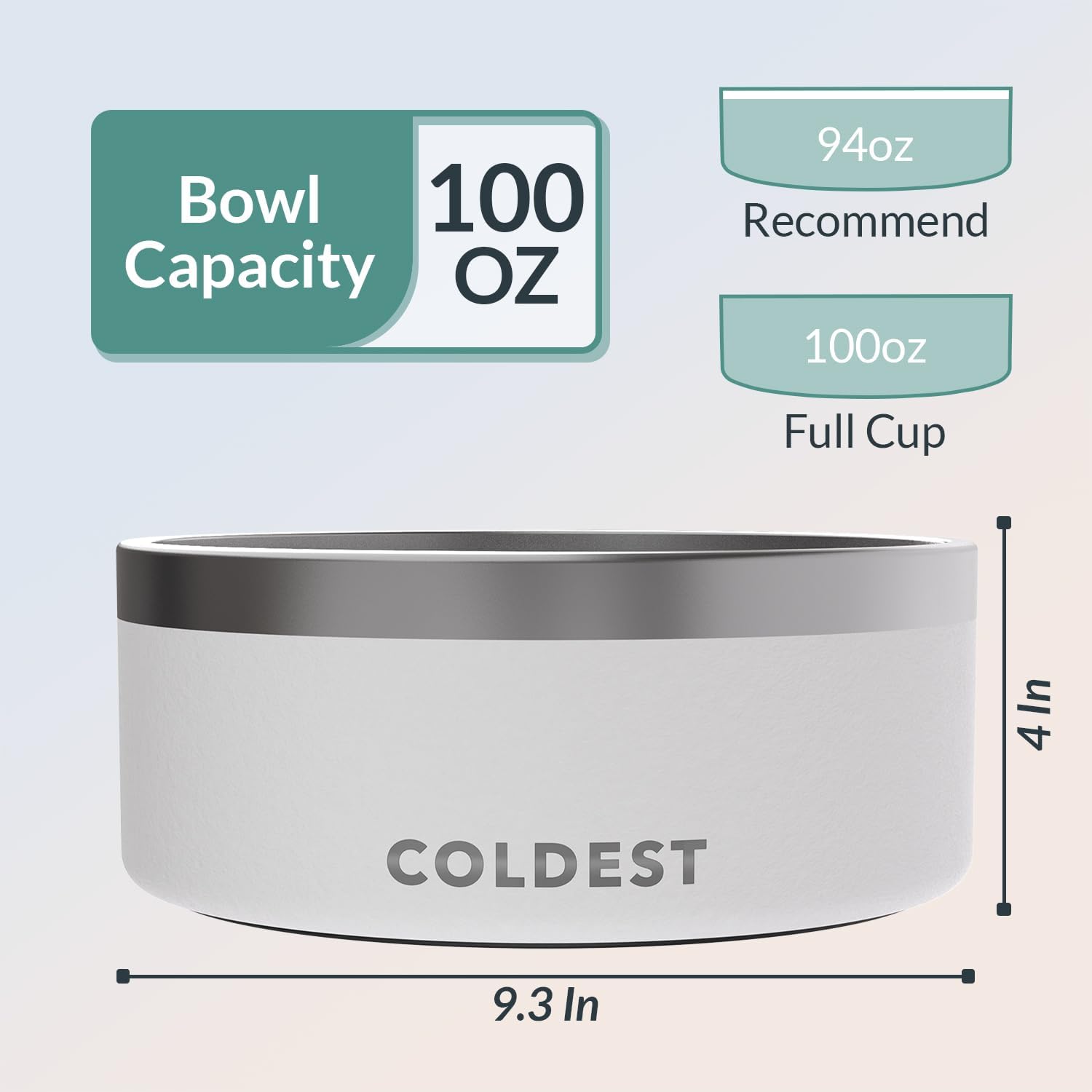 Epic white insulated stainless steel dog bowl with non-slip silicone base, spill-proof design for pets โ side