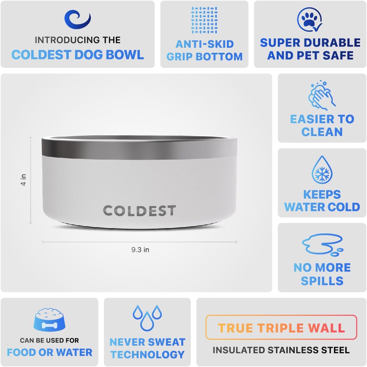 Epic white insulated stainless steel dog bowl with non-slip silicone base, spill-proof design for pets โ view 5b