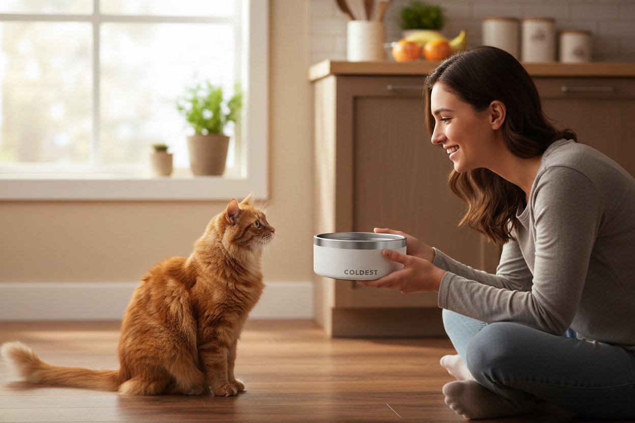 Epic white insulated stainless steel dog bowl with non-slip silicone base, spill-proof design for pets โ view 2