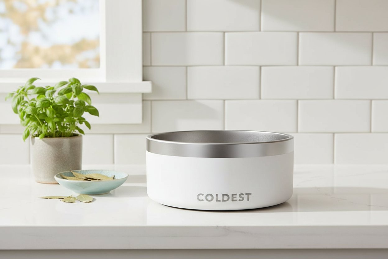 Epic white insulated stainless steel dog bowl with non-slip silicone base, spill-proof design for pets โ view 5a