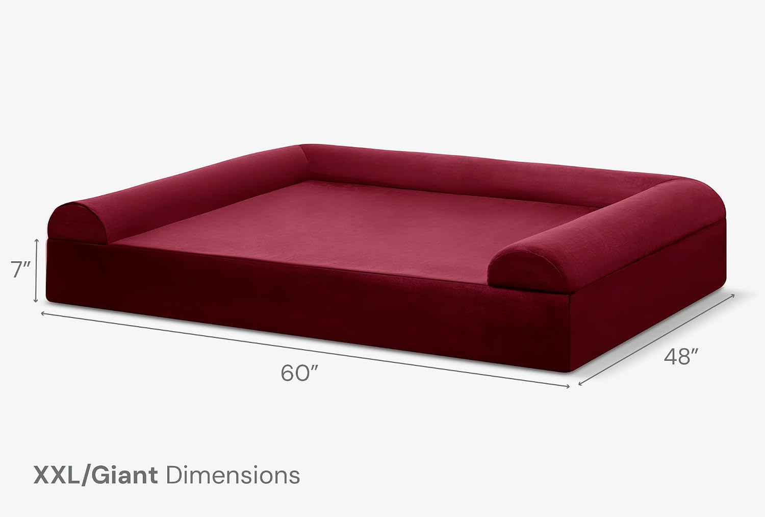 Burgundy orthopedic memory foam dog sofa bed with 3-sided bolster and pillow top, designed for senior dogs with joint pain and arthritis — side