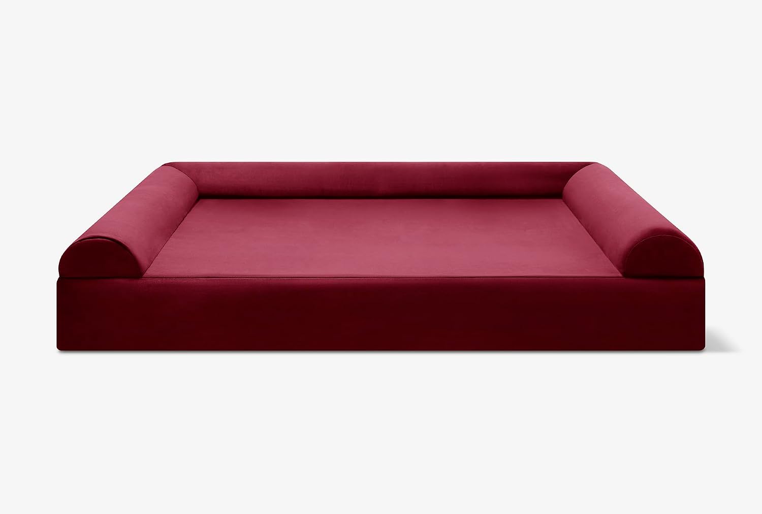 Burgundy orthopedic memory foam dog sofa bed with 3-sided bolster and pillow top, designed for senior dogs with joint pain and arthritis — back