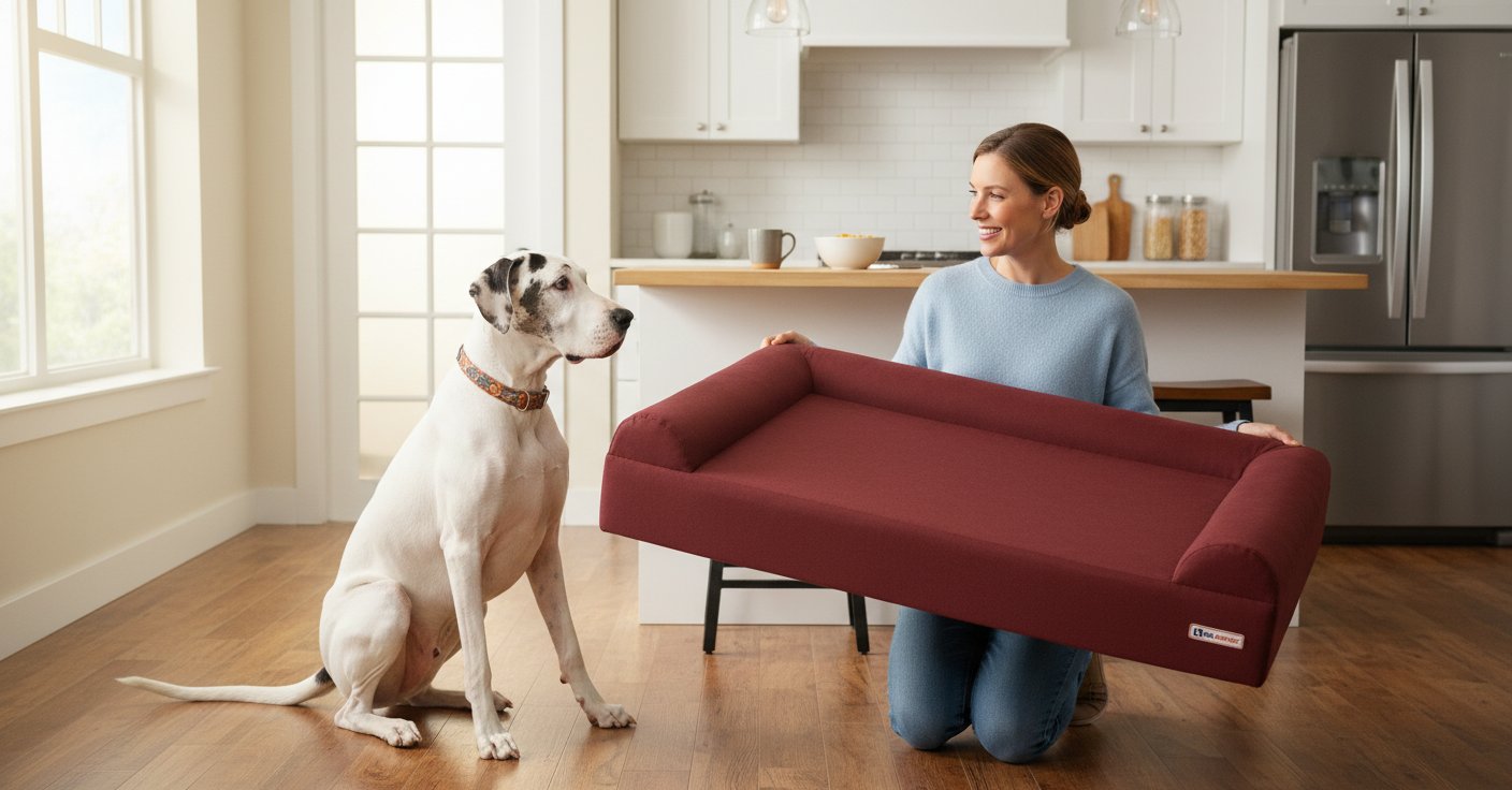 Burgundy orthopedic memory foam dog sofa bed with 3-sided bolster and pillow top, designed for senior dogs with joint pain and arthritis — view 1