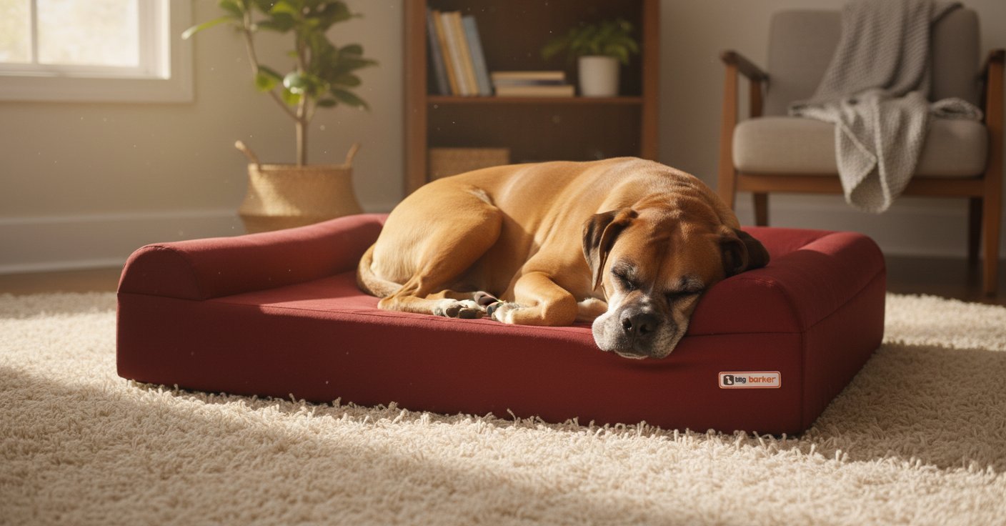 Burgundy orthopedic memory foam dog sofa bed with 3-sided bolster and pillow top, designed for senior dogs with joint pain and arthritis — view 2