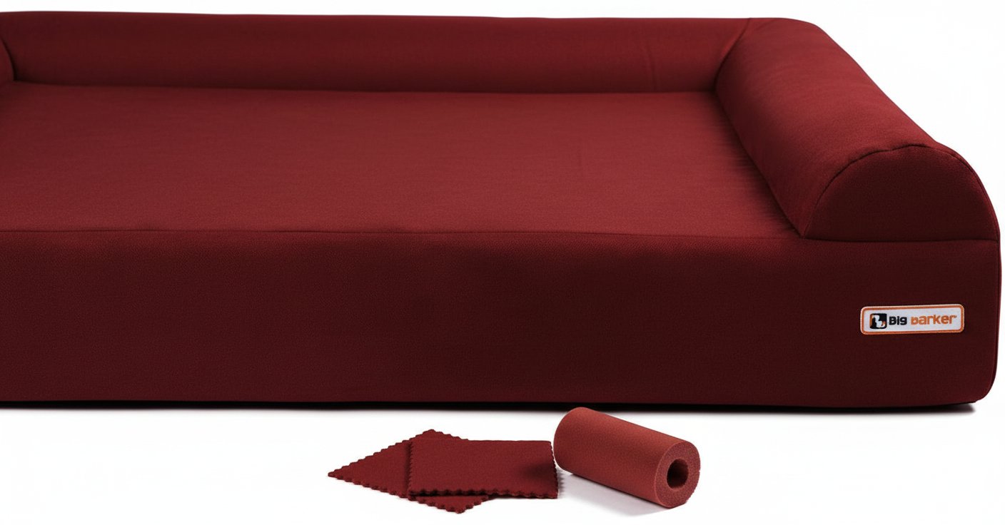 Burgundy orthopedic memory foam dog sofa bed with 3-sided bolster and pillow top, designed for senior dogs with joint pain and arthritis — view 5a