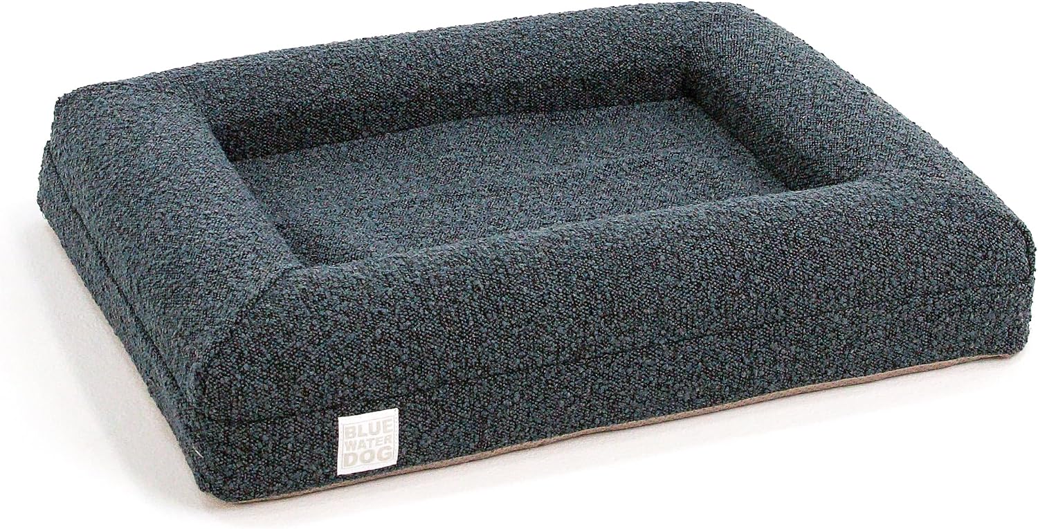 Ocean blue boucle orthopedic memory foam dog bed with waterproof liner and machine-washable cover, small size — detail